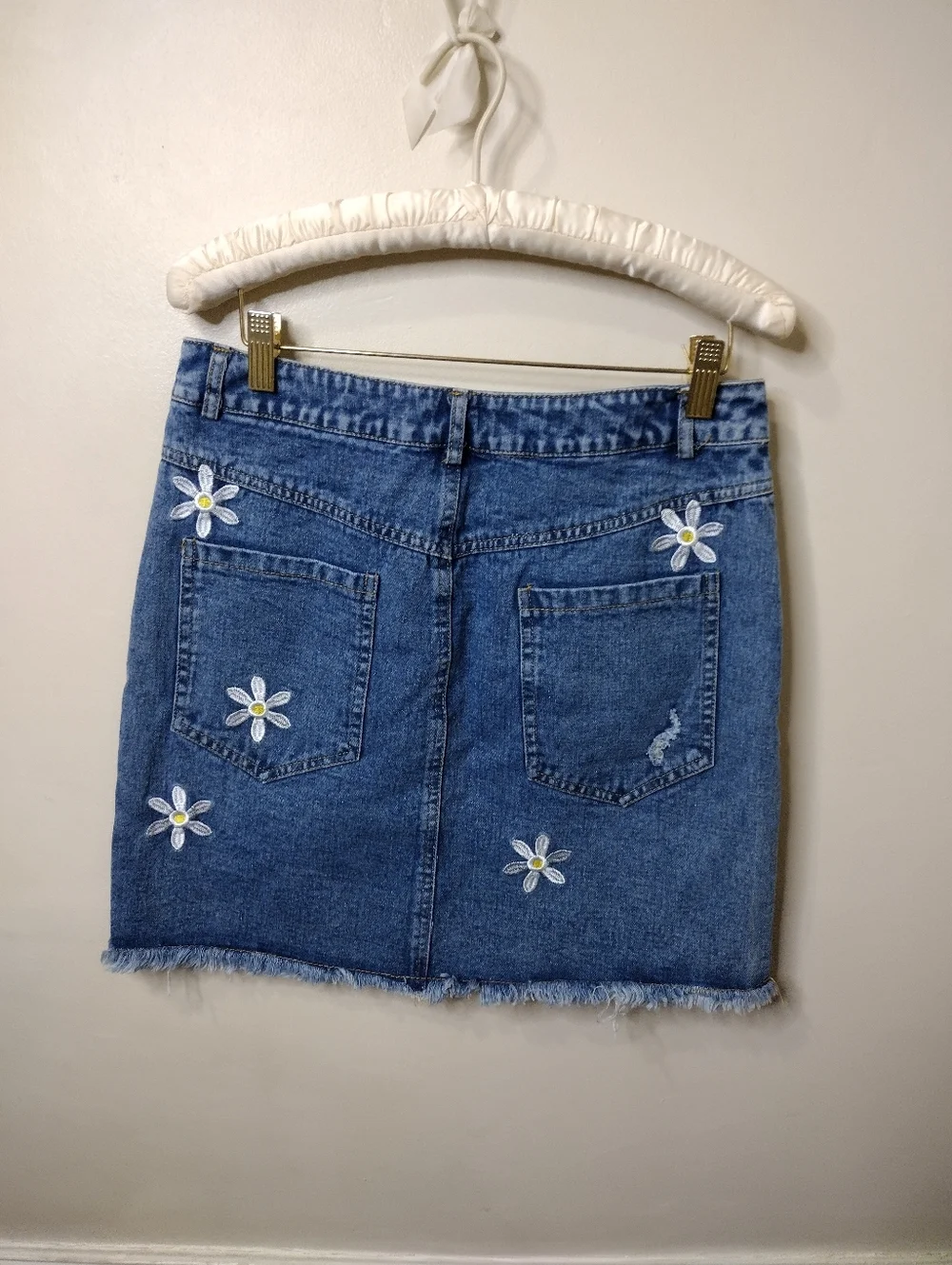 Miss Sparkling Boho/Hippie Embroidered Daisy Peace Sign Blue Denim Mini Skirt - Picture 2 of 6